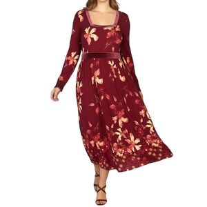Susan Graver Floral Midi Dress Womens XL Burgundy Velvet Trim Lace Cuff